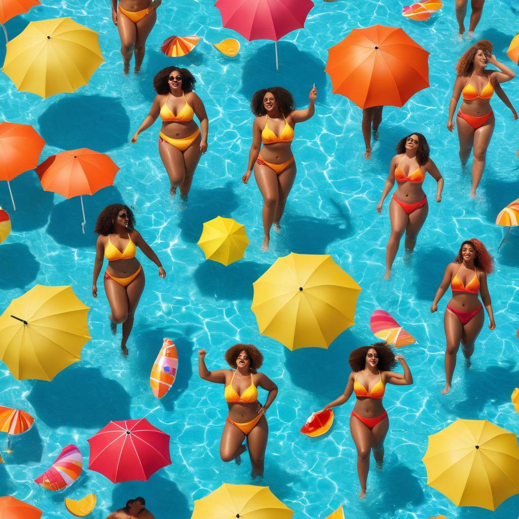 A vibrant beach scene featuring diverse individuals joyfully wearing stylish two-piece swimwear, showcasing body positivity. Include sun umbrellas, beach towels, and splashing waves in the background to emphasize summer fun. The atmosphere should feel energetic and inclusive, encouraging confidence and joy in self-expression. bright colors. summer vibes. 3D.
